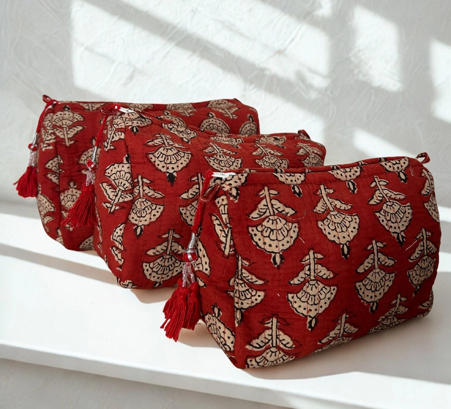 Terracotta Block Print Toiletry Travel Bag | Multiple Sizes