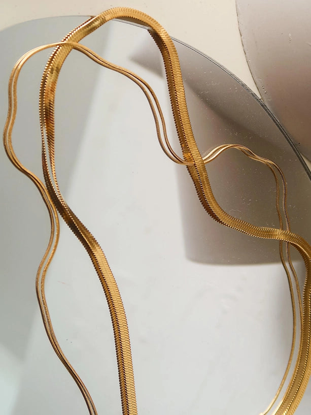 18K Gold Non-Tarnish Layered Flat Snake Chain Necklace