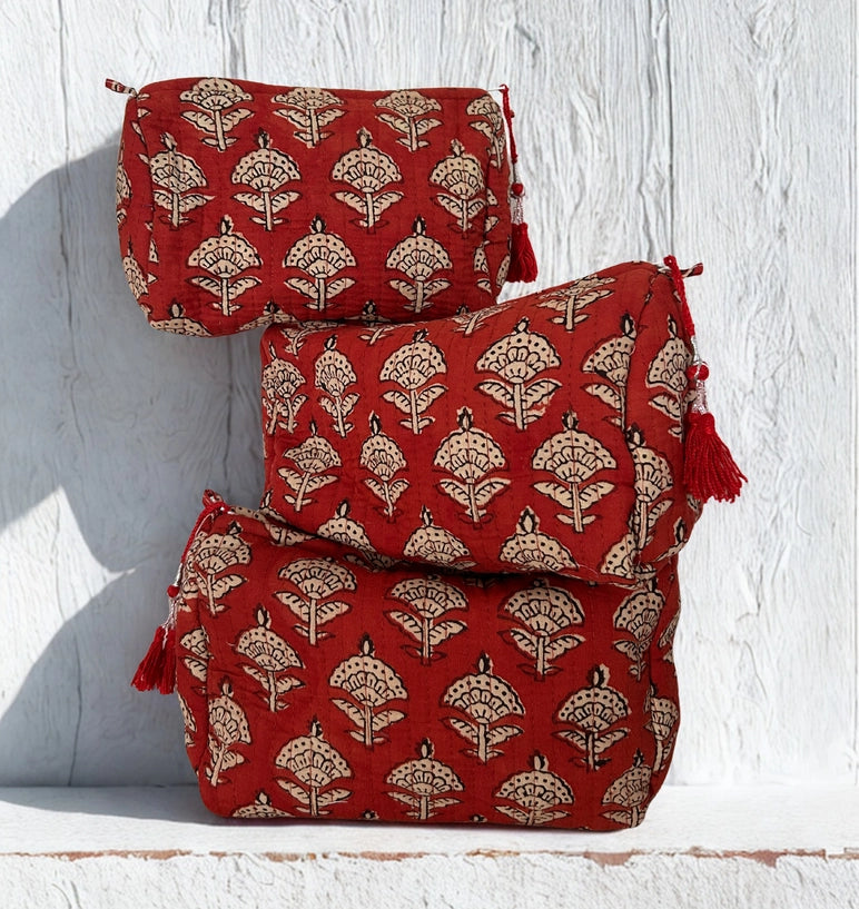 Terracotta Block Print Toiletry Travel Bag | Multiple Sizes