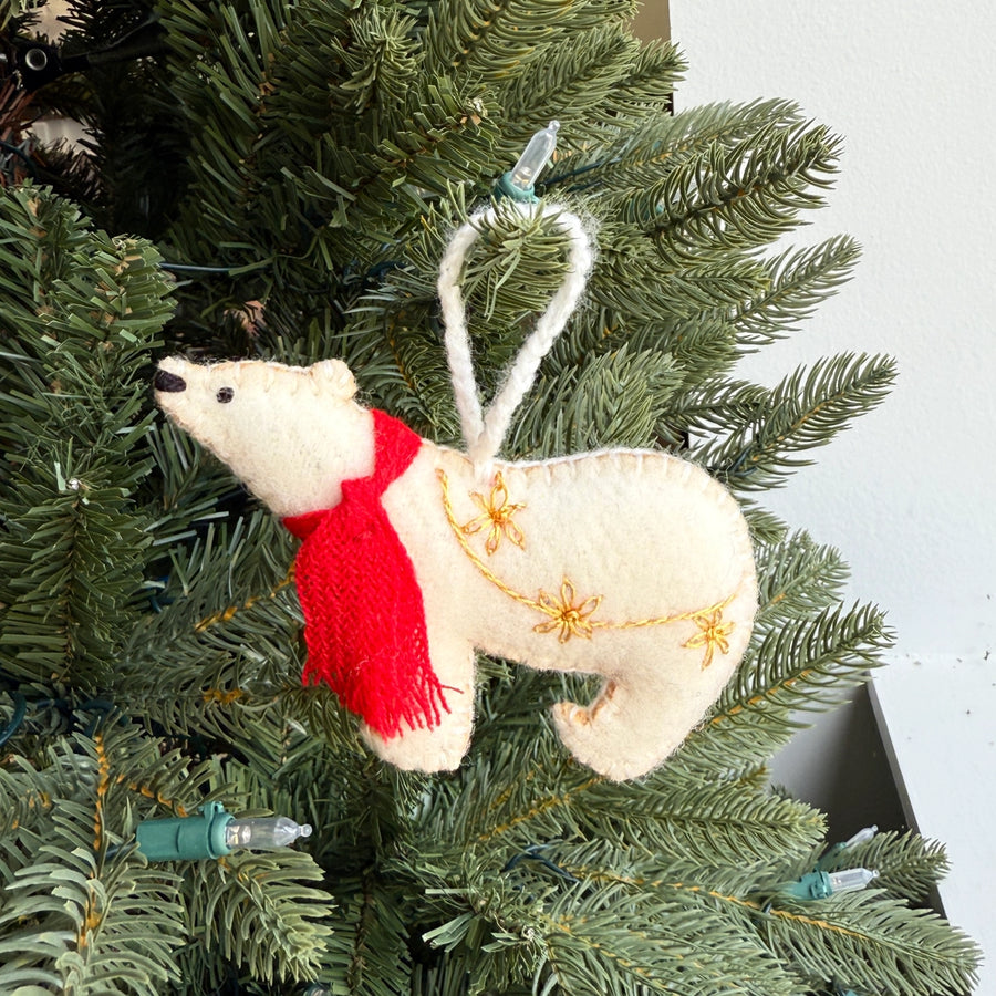 Polar Bear Embroidered Wool Christmas Ornament