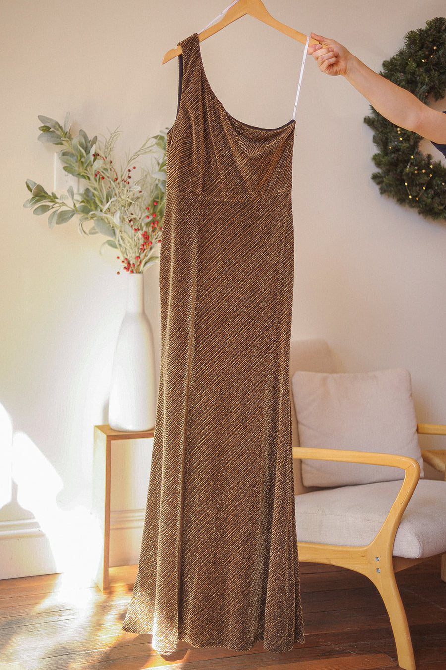 Lulus Black and Gold One Shoulder Maxi