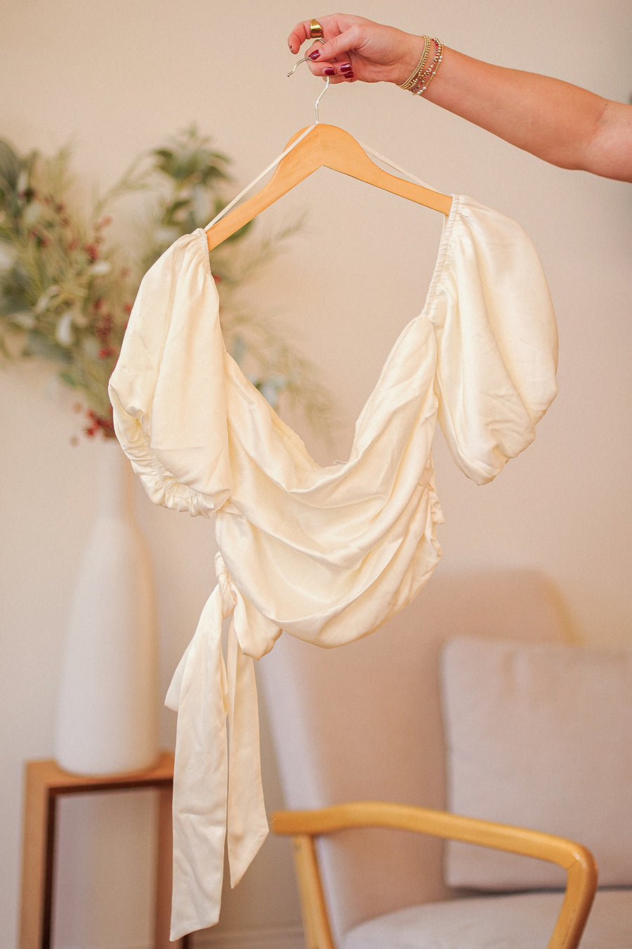 GLAM White Satin Puff Sleeve Blouse