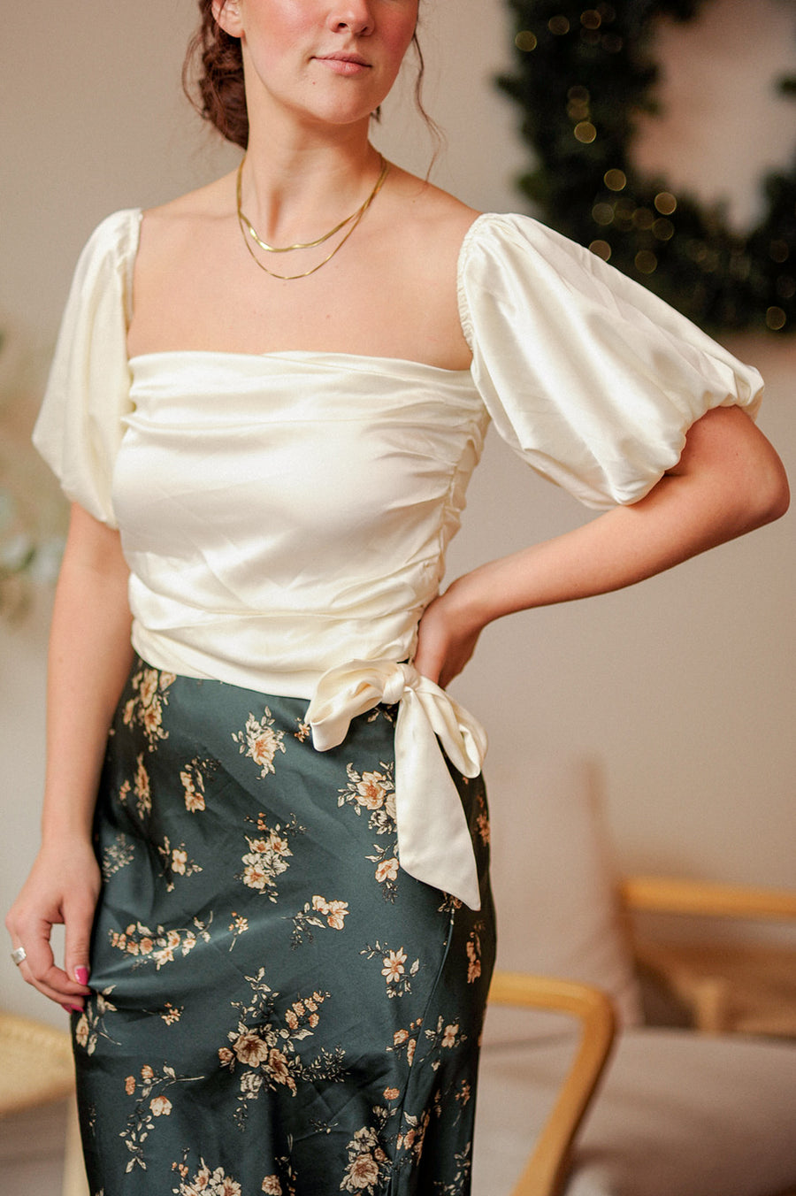 GLAM White Satin Puff Sleeve Blouse