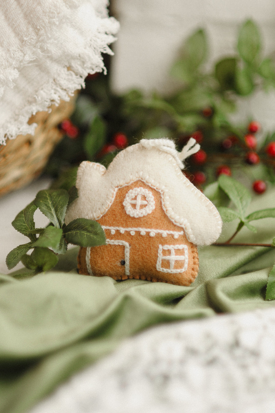 Gingerbread House Embroidered Wool Christmas Ornament