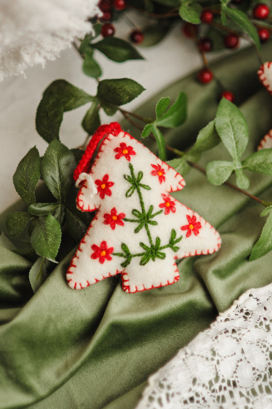White Tree Embroidered Wool Christmas Ornament