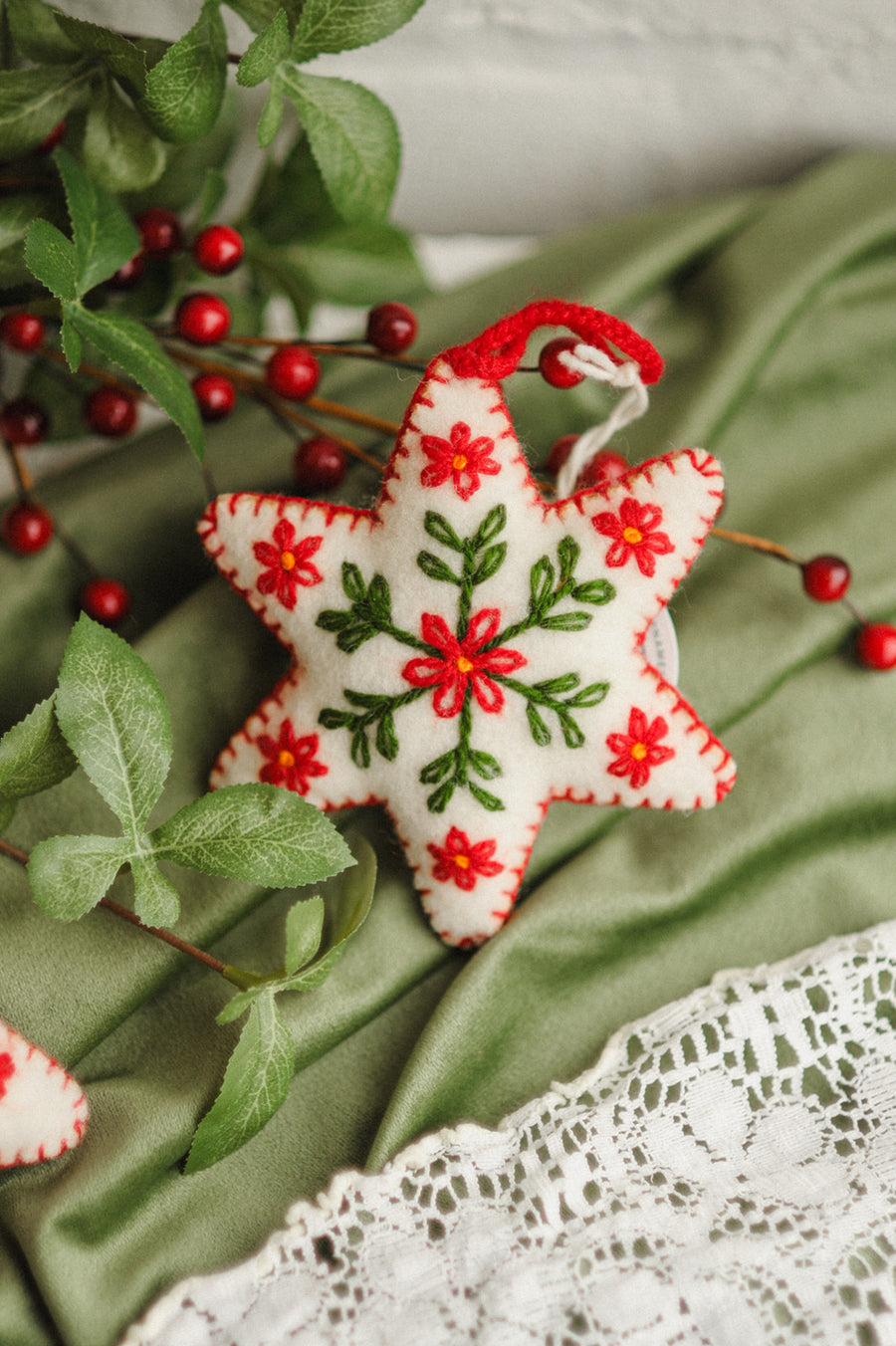 White Six Pointed Star Embroidered Wool Christmas Ornament