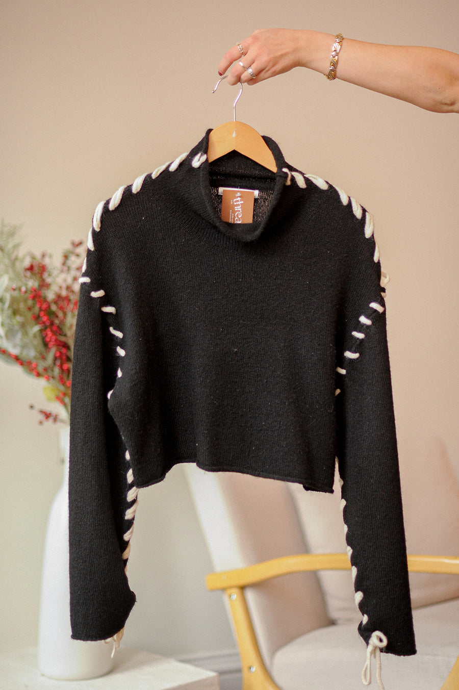 Oak & Fort Black with White Tie Mockneck Sweater