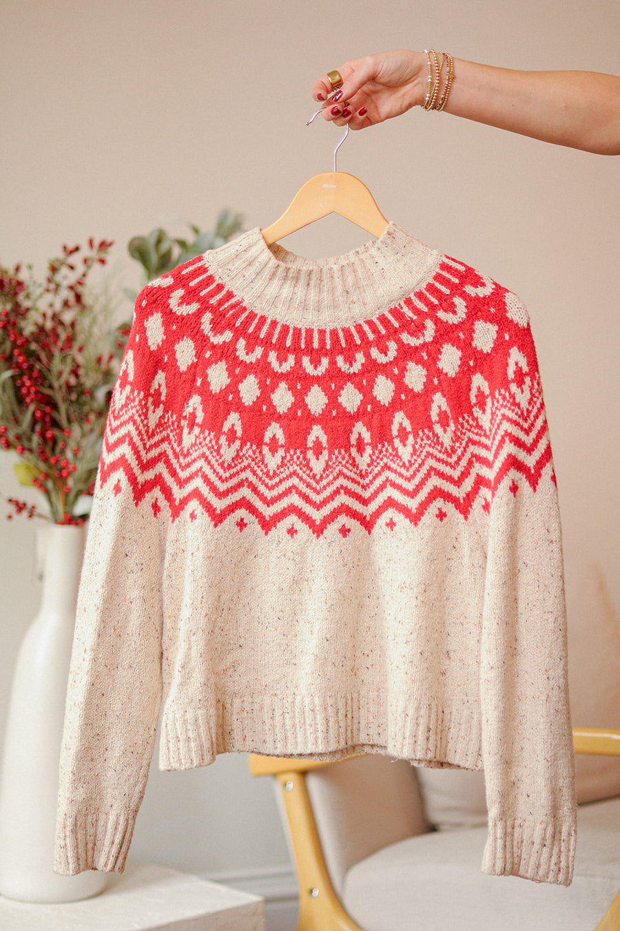Old Navy Tan and Red Patterned Mock Neck