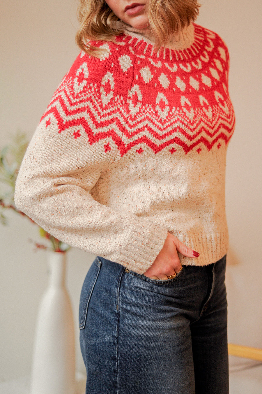 Old Navy Tan and Red Patterned Mock Neck