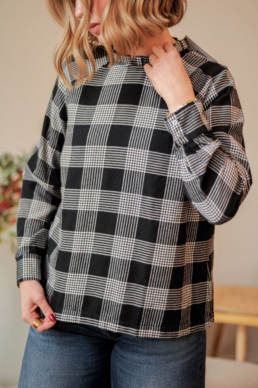 Loft B&W Plaid Collared Long Sleeve