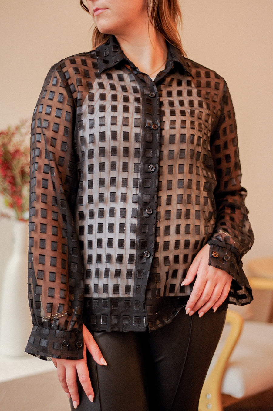 Apparenza Black Sheer Button Up