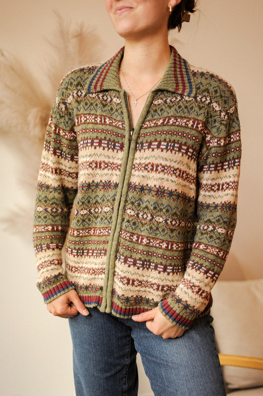 Vinatge Tiara Green Patterend Zip Up Sweater