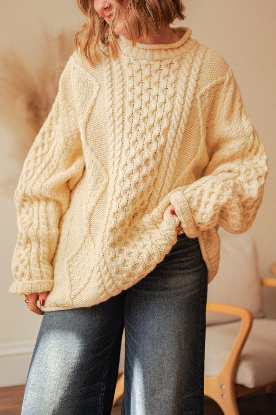 Irish Craft 100% Wool Cream Mockneck Sweater