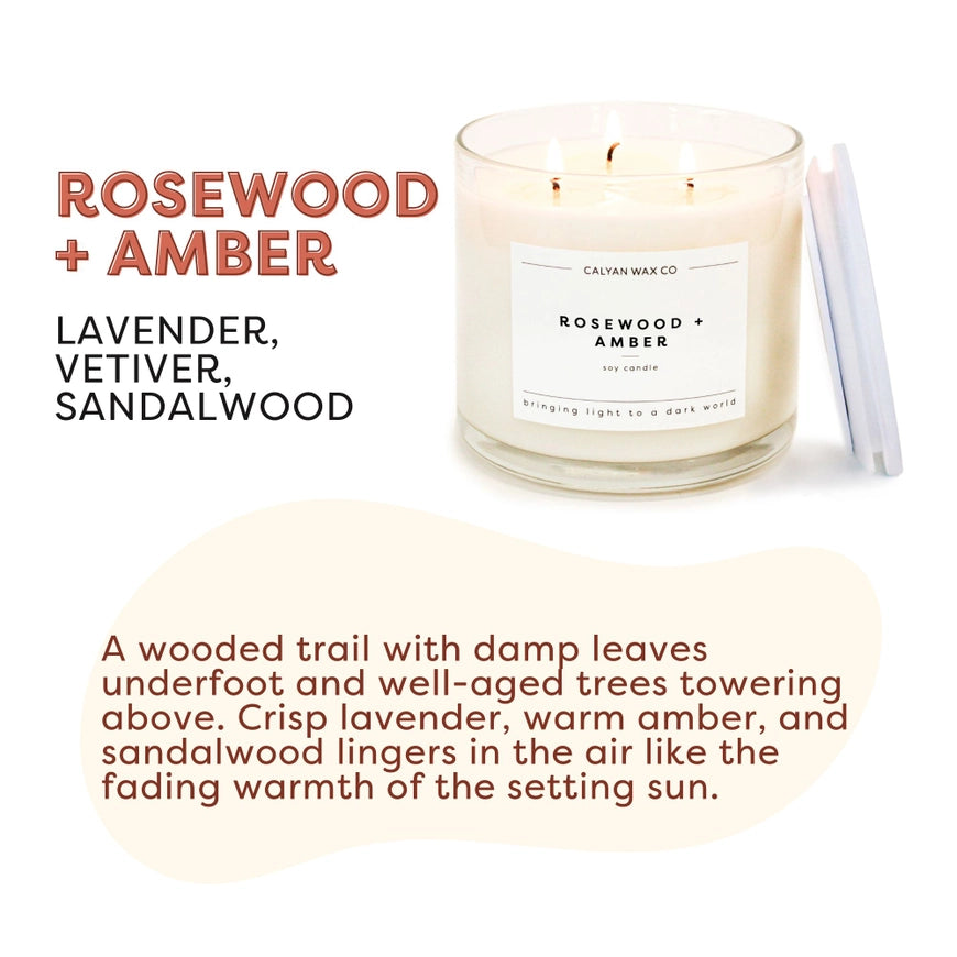 Rosewood + Amber - 3 Wick Clear Glass Tumbler Soy Candle