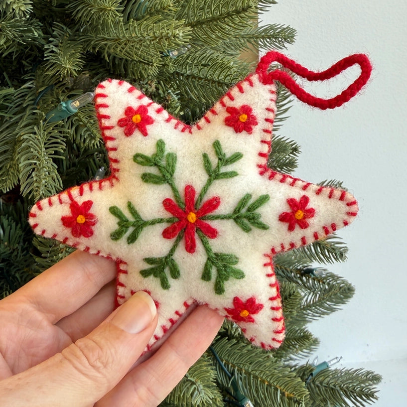 White Six Pointed Star Embroidered Wool Christmas Ornament