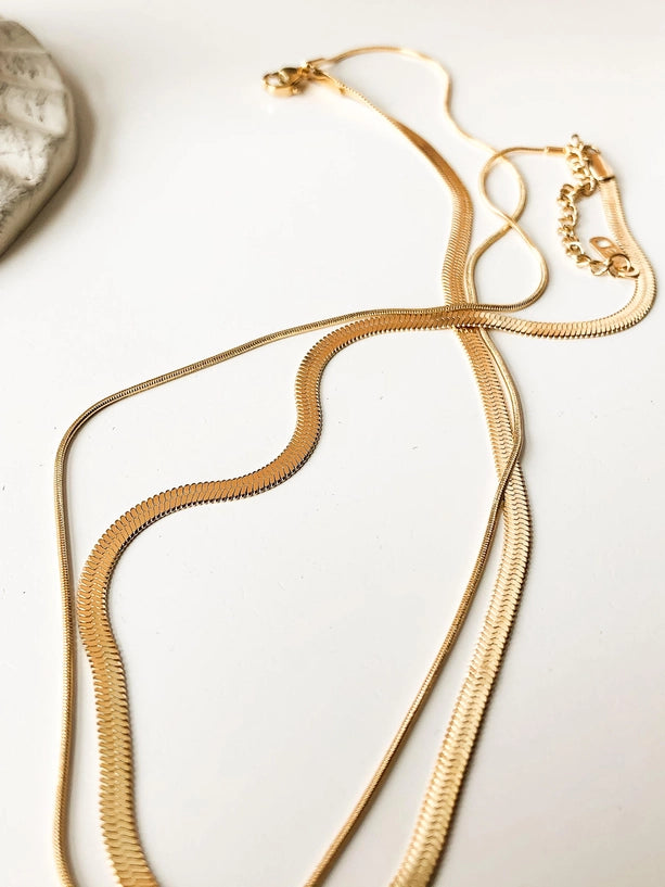 18K Gold Non-Tarnish Layered Flat Snake Chain Necklace