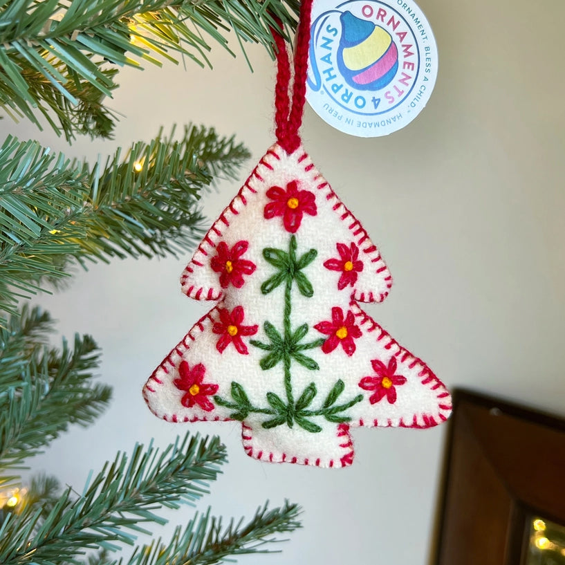 White Tree Embroidered Wool Christmas Ornament