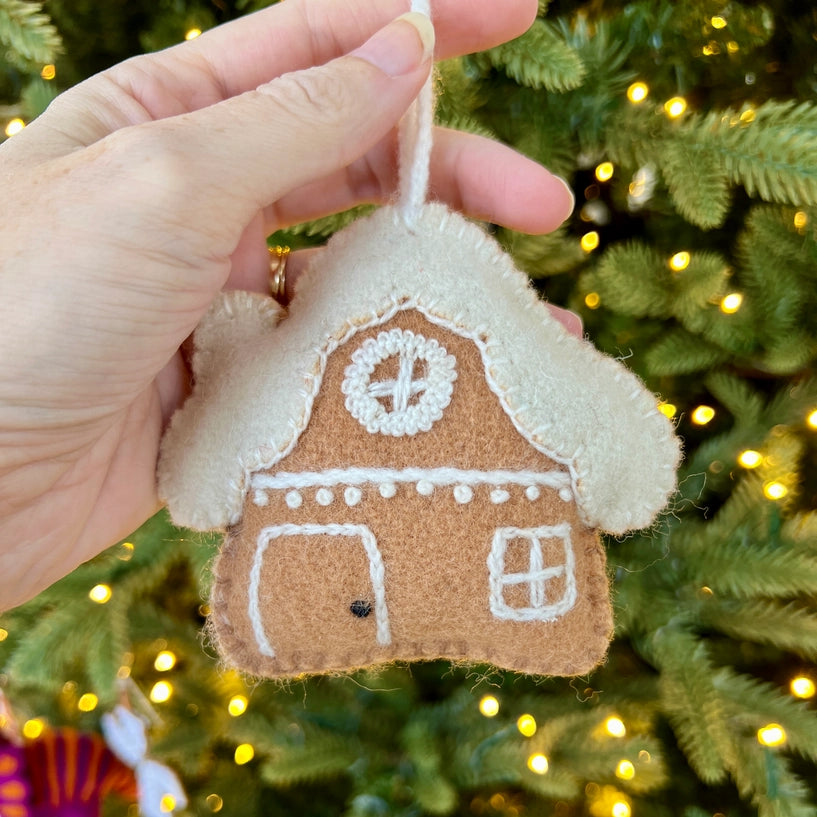 Gingerbread House Embroidered Wool Christmas Ornament