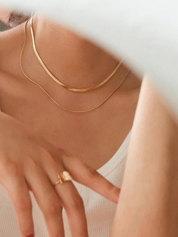 18K Gold Non-Tarnish Layered Flat Snake Chain Necklace
