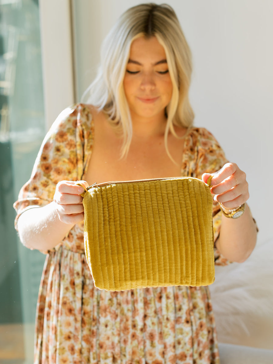 Velvet and Block Print Cosmetic Pouch | Mustard