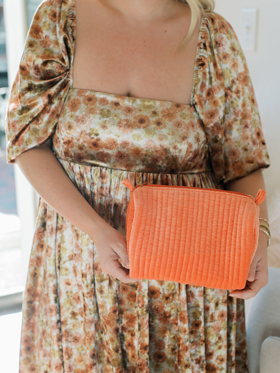 Velvet & Block Print Cosmetic Pouch | Coral