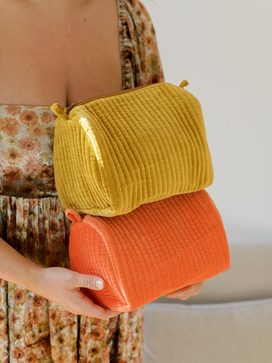Velvet and Block Print Cosmetic Pouch | Mustard